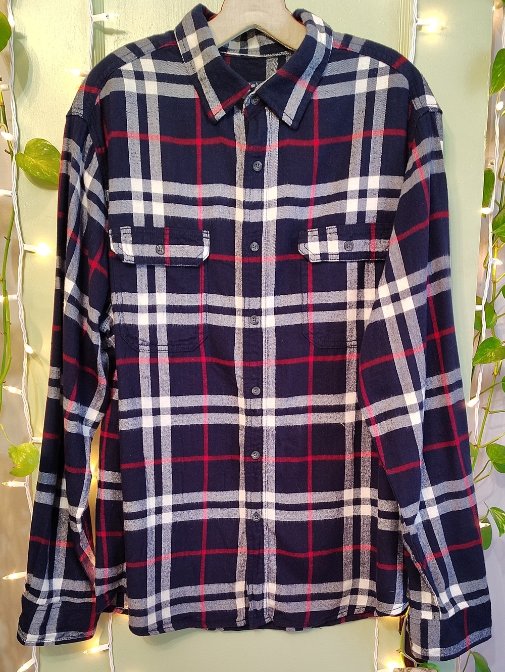 Men's George Plaid Viscose Flannel Red White Blue Double Chest Pocketed XL